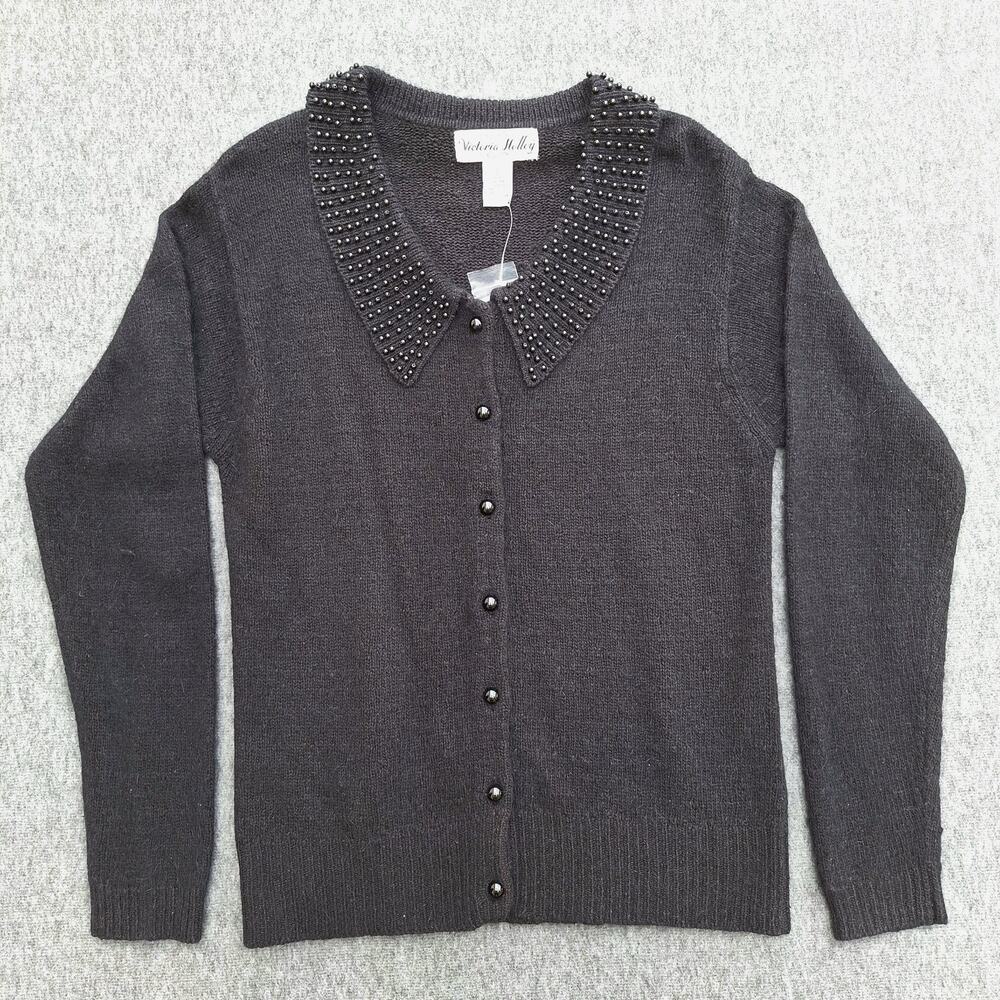 Victoria Holley Women's Large Silk Angora Wool Cardigan Sweater Beaded Collar